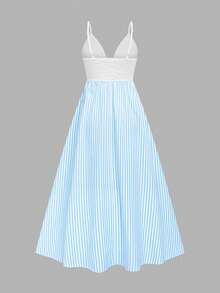 SHEIN Elenzya Women's Elegant Lace Patchwork Striped Spaghetti Strap Dress, Summer - Blue and White - View 8