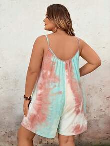 SHEIN CURVE+ Bộ áo liền quần xếp ly nhuộm màu tie-dye dáng rộng thoải mái với dây đeo mảnh dành cho nữ CURVE PLUS, trang phục đi biển Hoho cho nữ/váy đi biển/trang phục nghỉ mát đi biển/đồ cần thiết đi biển/váy tốt nghiệp/váy dự tiệc trà - Nhiều màu - Xem 3