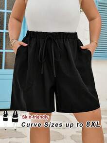 SHEIN CURVE+ Plus Size Black Comfortable Casual Shorts - Black - View 12