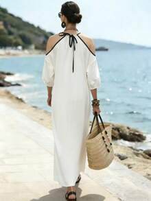 Breezaya Đầm nghỉ mát tối giản cổ chữ V hở lưng vai dành cho nữ - Nhiều màu - Xem 2