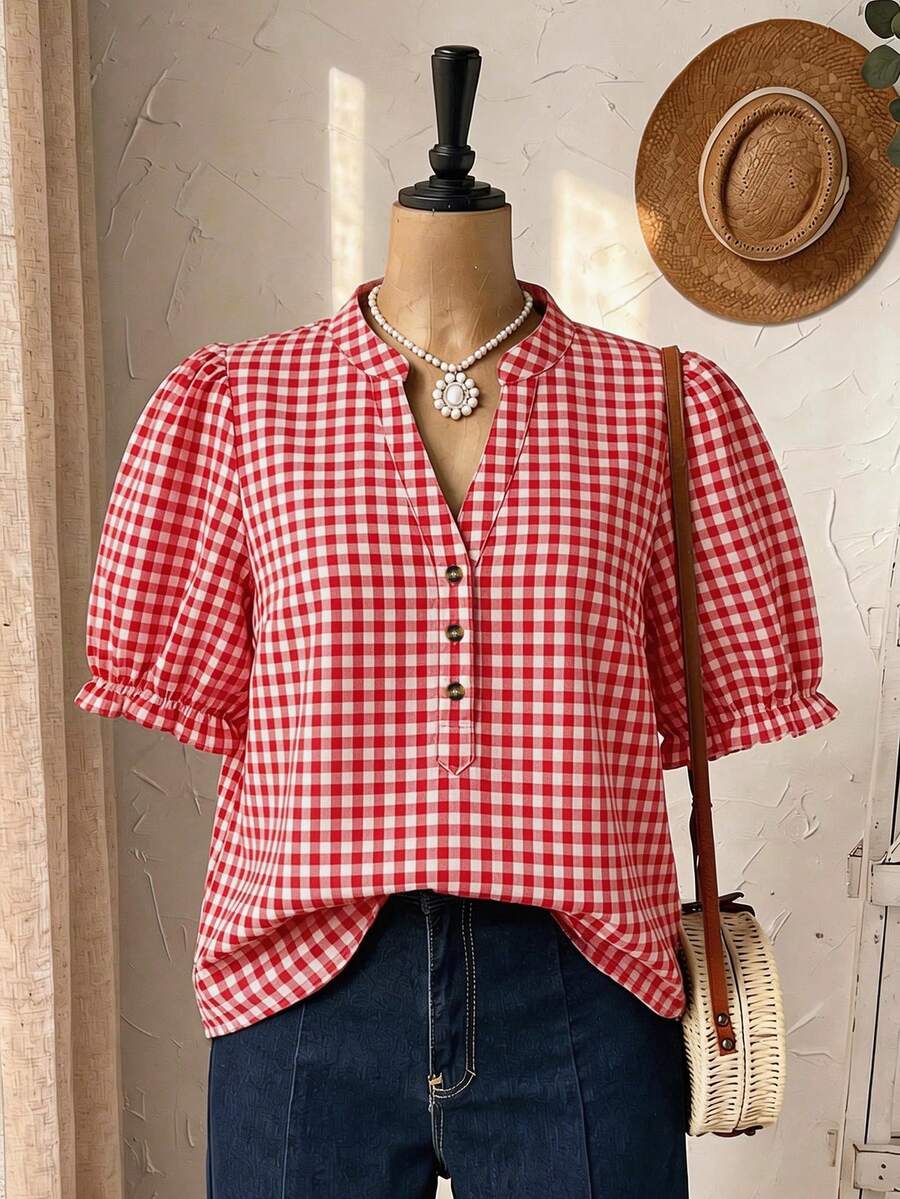 Rusticease Áo sơ mi mùa hè cỡ lớn kẻ caro tay cánh hoa cổ chữ V tay phồng - Nhiều màu - Xem 1