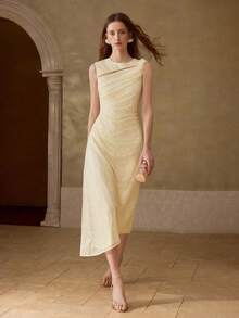 MOTF PREMIUM 女士亮片蕾丝极简优雅无袖收腰连衣裙 - 杏色 - 查看 1