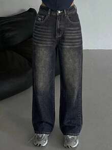 DAZY Quần jeans nữ ống đứng, thêu nơ, chất liệu denim mài, có túi xéo. - Rửa trung bình - Xem 4