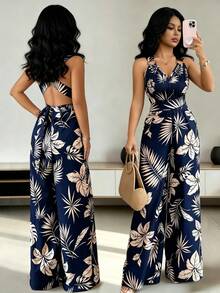 Rafferiza Bộ jumpsuit dáng suông, cổ chữ V, hở lưng, họa tiết lá cây, kiểu dáng thường ngày, thích hợp cho kỳ nghỉ, chất liệu kaki. - Màu xanh hải quân - Xem 1
