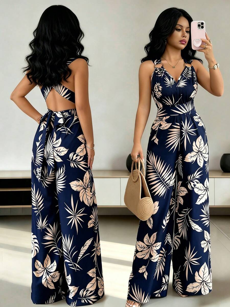 Rafferiza Bộ jumpsuit dáng suông, cổ chữ V, hở lưng, họa tiết lá cây, kiểu dáng thường ngày, thích hợp cho kỳ nghỉ, chất liệu kaki. - Màu xanh hải quân - Xem 1