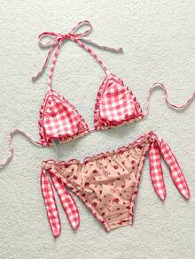 SHEIN WYWH Bộ bikini đi biển dành cho nữ, kiểu dáng retro, nhiều màu sắc, họa tiết da báo, ngựa vằn, hoa lá, cổ yếm xếp nếp và tua rua. - Đỏ - Xem 3