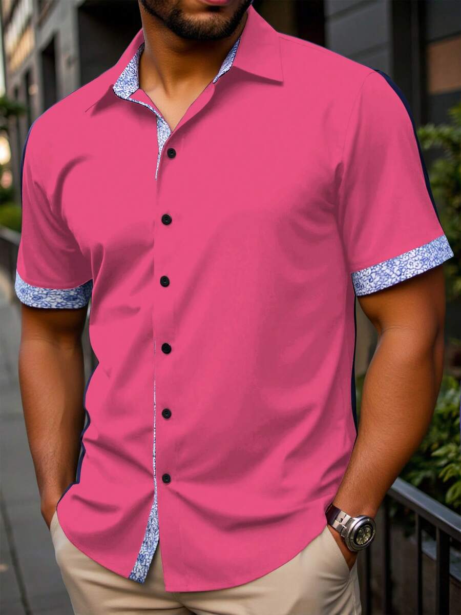 Manfinity Homme Plus Size Men Floral Print Front Button Casual Short Sleeve Shirt - Coral Pink - View 1