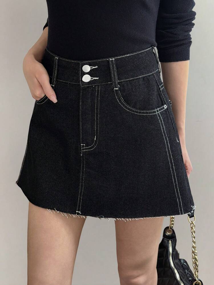 Women's High Waist Double-Breasted Contrast Stitching Frayed Hem Denim Mini Skirt