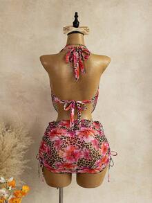 Bellisia Women's Floral Leopard Mesh Plunging Neck Camisole Bodycon Skirt Swimwear Set, Pink Tropical Polka, Summer, Sexy, Vacation, Holiday Beach Golf - Multicolor - View 2