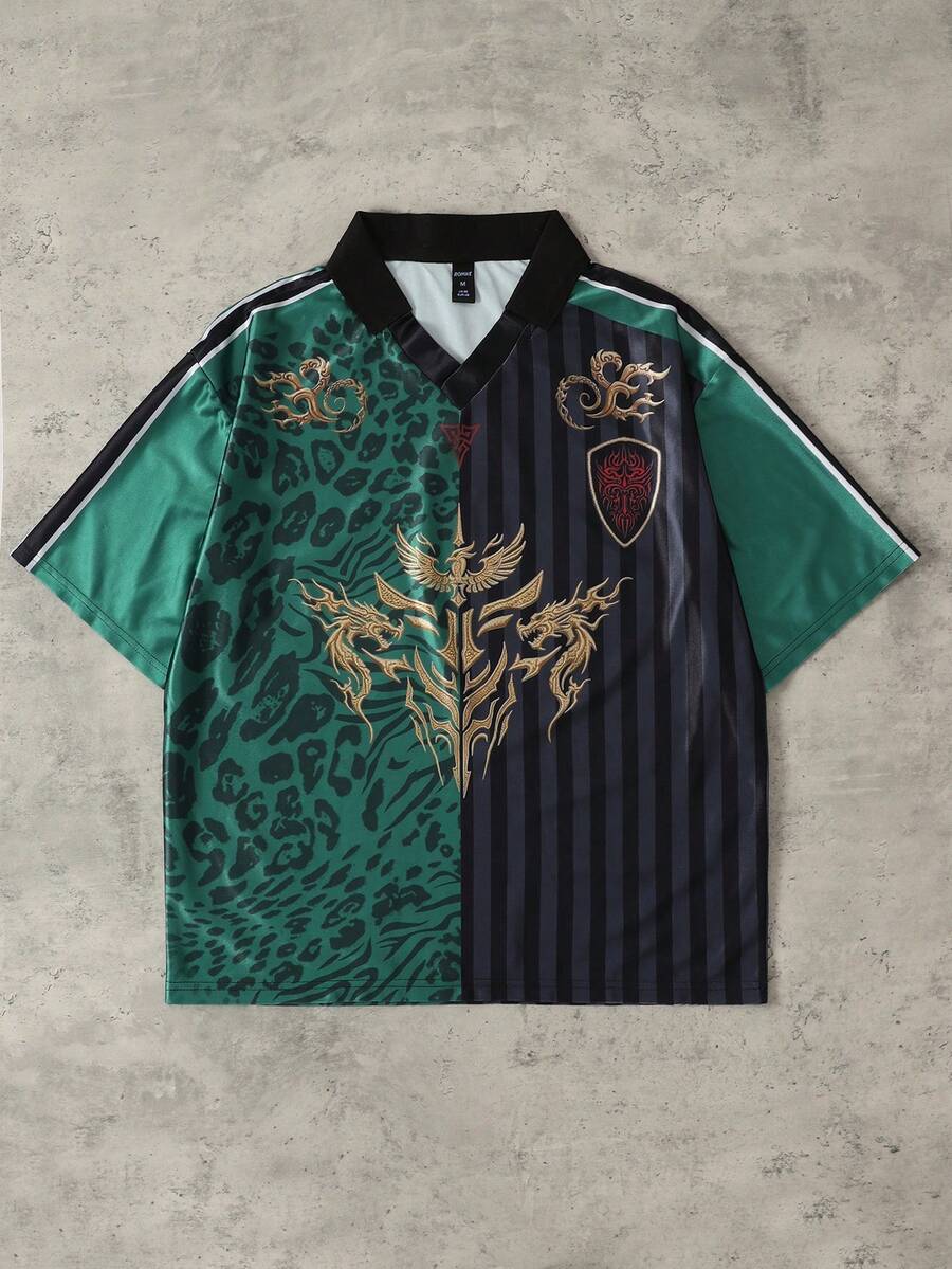 ROMWE MEN Street Life 男士撞色短袖豹纹条纹休闲时尚Polo衫，夏季 - 彩色 - 查看 1
