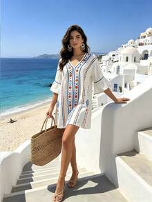 SHEIN Holidaya Vestido corto en V con patrón geométrico y estilo bohemio en beige - Beis - Ver 7