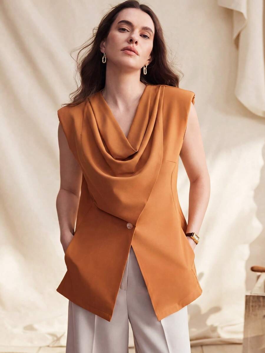 Áo tank top không tay dáng rộng, thiết kế kiểu Pháp, có đệm vai dành cho nữ