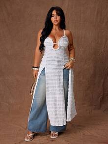 Rustia Plus Size Women's Sheer Sexy Slit Dress, Lace Trim Hollow Out Spaghetti Strap Bodycon Dress - White - View 3