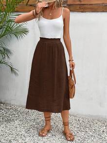 SHEIN Frenchy Women's Solid Color High Waist Pleated Casual Skirt, Summer - Brown - View 4