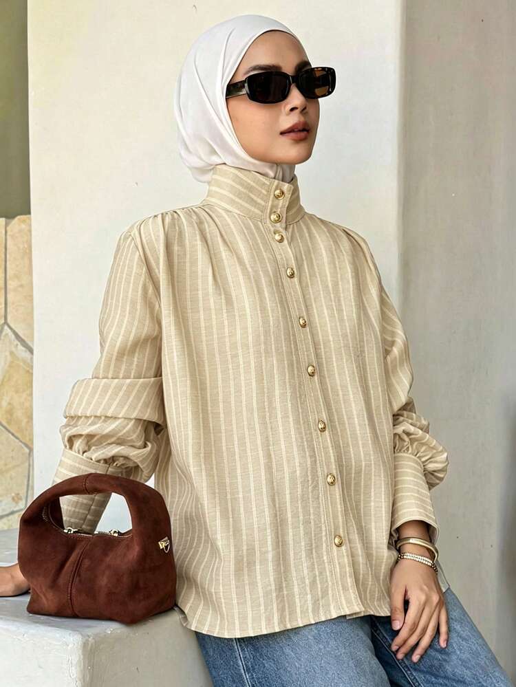 Women's Elegant Striped Stand Collar Lantern Sleeve Blouse, Autumn