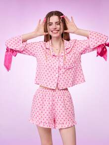 Notgurli Conjunto de pijama de mujer con estampado de corazón y lazo, ropa de otoño e invierno - Rosa - Ver 4