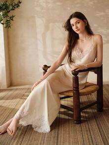 MOTF PREMIUM ELEGANT BACKLESS LACE PATCHWORK LONG NIGHTGOWN, SPRING/SUMMER - Beige - View 2