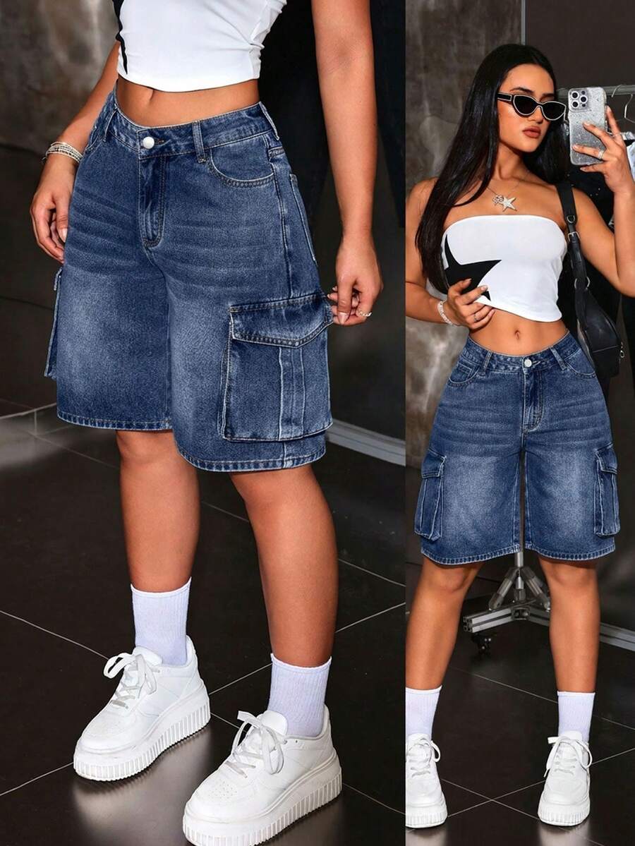 Jeanoix Plus Size Plain Simple Casual Streetwear Denim Shorts Day Navy Blue Summer - Medium Wash - View 1