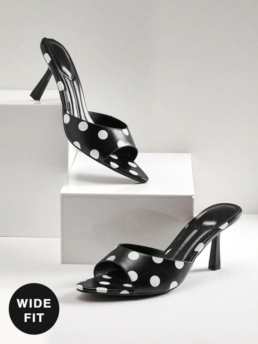 SHUZIA Giày sandal cao gót mũi nhọn tối giản, gợi cảm, dáng rộng dành cho nữ, họa tiết chấm bi. - màu đen - Xem 1