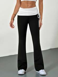 SHEIN Tall Quần ống loe nữ phong cách đường phố thu đông cổ điển thắt dây bên hông kiểu Y2K, quần ống rộng đen trắng đa năng dành cho người nhỏ nhắn. - màu đen - Xem 3