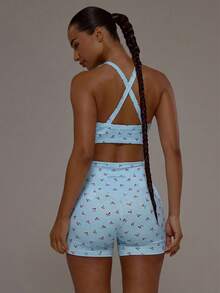 Musera Sport Áo ngực thể thao năng động, cổ khoét sâu, dây chéo, họa tiết quả anh đào, thích hợp cho tập luyện, tập gym, pilates, thể dục, mặc hàng ngày, nữ tính, thường ngày. - Màu xanh nhạt - Xem 2
