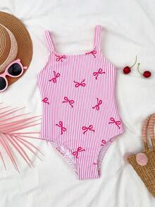 SHEIN Young Girl Knitted Striped Bowknot Design 3D Floral One-Piece Swimsuit - Pink - View 5