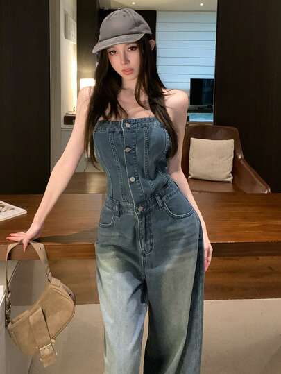 DAZY Bộ áo liền quần denim nữ kiểu dáng thường ngày, có túi và cúc, thích hợp mặc hàng ngày.
