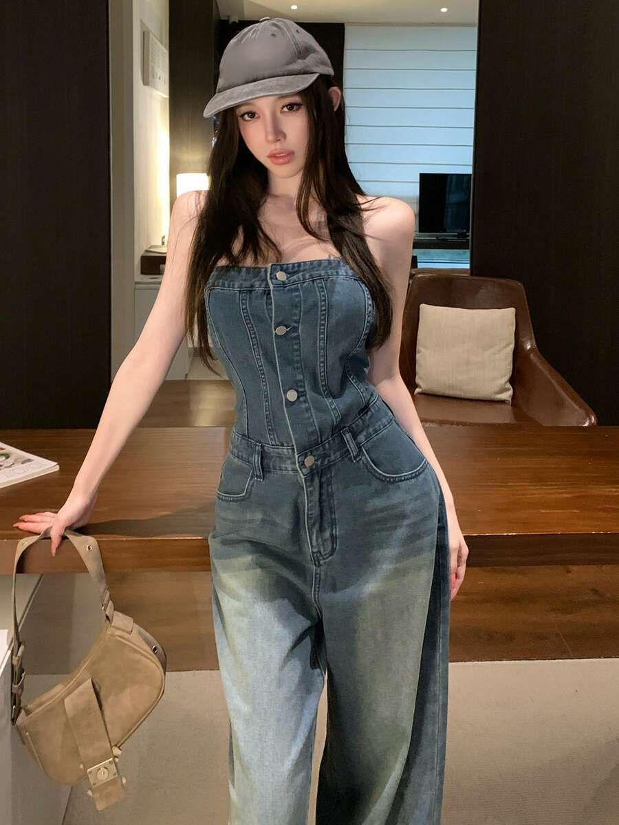 DAZY Bộ áo liền quần denim nữ kiểu dáng thường ngày, có túi và cúc, thích hợp mặc hàng ngày. - Rửa trung bình - Xem 1