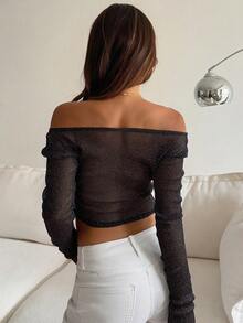 DAZY Women's Glitter Long Sleeve Off-Shoulder T-Shirt - Black - View 5