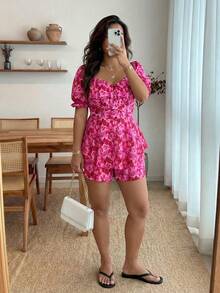 Enliva Jennifer_samantha_style Plus Allover Floral Print Puff Sleeve Romper, Summer, For Apple Rounded Body Shape - Hot Pink - View 3