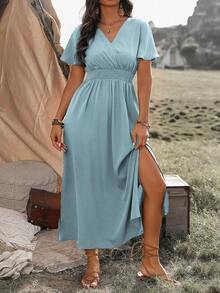 Ceyna Plus Size Women's Waist Wrap & Ruffle Sleeved Dress, For Christmas Maxi Women Outfit - Mint Green - View 5