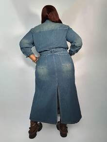 Truni Vestido vaquero de manga larga con botones para mujer de talla grande - Azul lavado medio - Ver 2