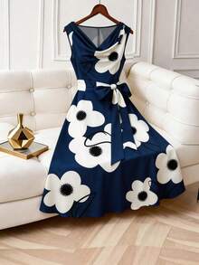 GlowEve CURVE Plus Size Women Elegant Sleeveless Floral Print Dress With Bow Tie Waist - Multicolor - View 3