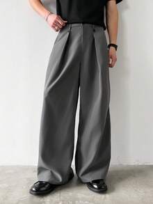 PAVTROS 男士复古A字双褶宽松灰色休闲裤 - 深灰色 - 查看 5