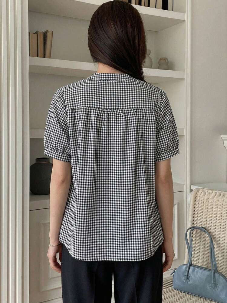 Women's Casual Plaid Print Bubble Short Sleeve Shirt, Suitable For Daily Wear And Commuting
