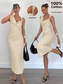 Siren Gaze Robe mi-longue sans manches en 100% coton avec boucle métallique, col bénitier drapé, élégante et moulante pour l'été. Robe décontractée pour vacances. Robe longue asymétrique élégante. Robe de cocktail d'été, robe d'épaule dénudée. Tenue de bureau décontractée pour femme. Robe froncée élégante de haute qualité, robes professionnelles pour femmes - Nude - Voir 6
