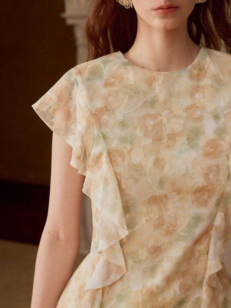 WOMEN'S FLORAL PRINT RUFFLE TRIM BLOUSE