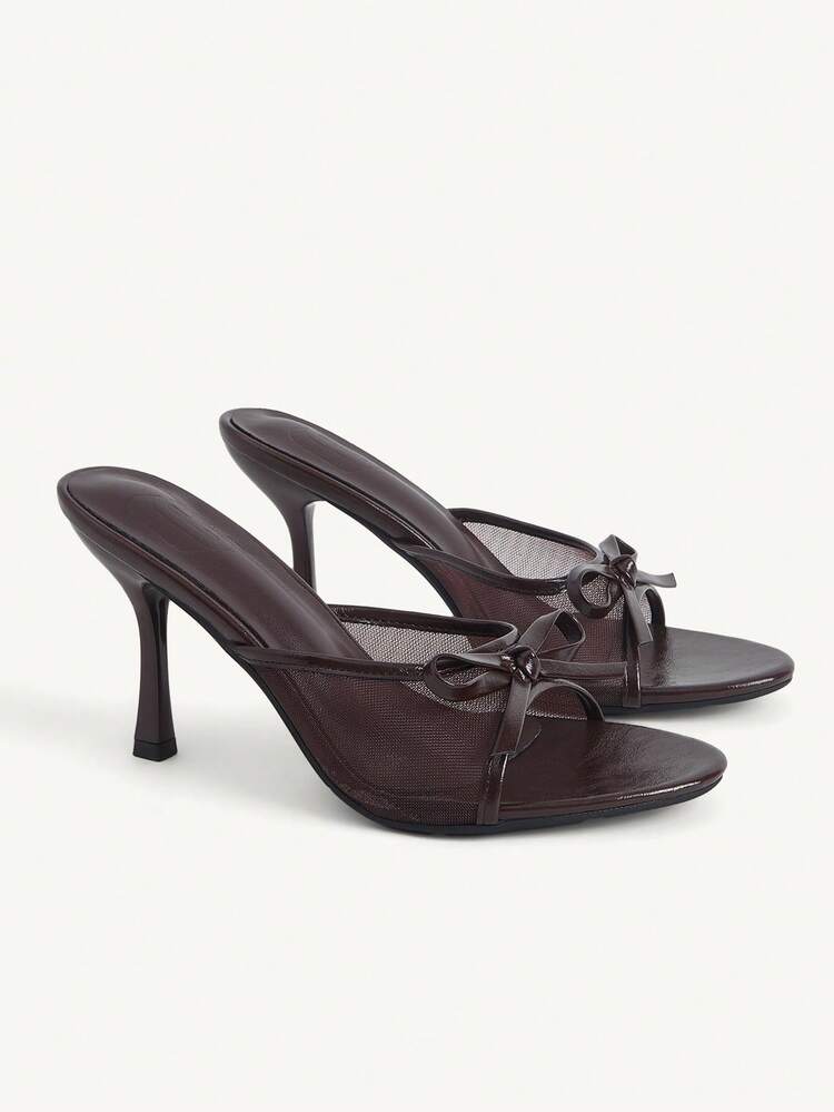 CUCCOO CHICEST Women's Sandals, Spring And Summer, Mesh Stitching Bow Decoration, Open Toe, Stiletto, Daily Commute, Dark Brown High Heels.