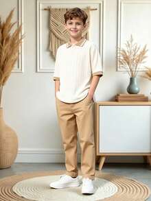 SHEIN 2pcs Tween Boy Gentleman Set,Short Sleeve Polo Shirt+Trousers,Apricot Summer Italy Vacation Elegant Modest White Casual Wedding Party Business Pageboy - Apricot - View 4