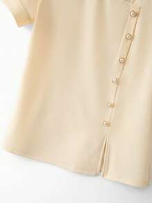 Franclia Camiseta de mujer de unicolor con cuello asimétrico, decoración de perlas y botones, de manga corta, adecuada para uso diario - Albaricoque - Ver 5