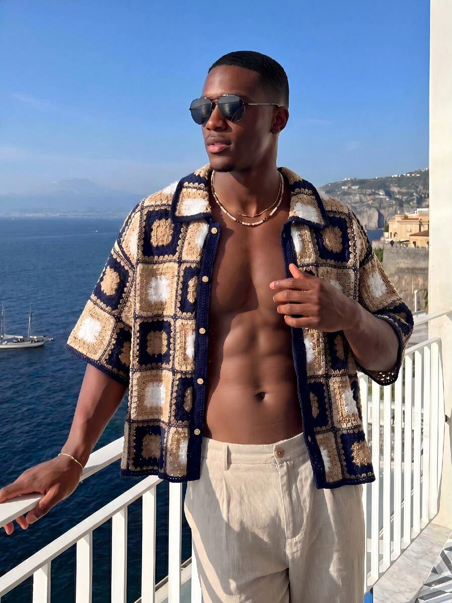 SWAVVY 男士单排扣波西米亚风钩针编织短袖休闲上衣 - 墨綠色 - 查看 1