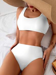 SHEIN Swim Conjunto De Sujetador Unicolor Y Bikini Para Mujeres, Adecuado Para Verano, Playa, Piscina - Blanco - Ver 1