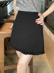 DAZY Women's Solid Color Patchwork Pleated Ruffle Hem Casual Vacation Summer Skirt Shorts - Black - View 4