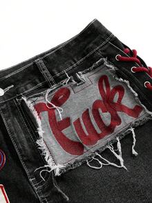 ROMWE Avant Quần short denim dáng ôm mini, kiểu dáng thể thao Y2K retro dành cho nữ, chất liệu jersey, có logo in nổi, dây rút, cạp thấp, gợi cảm. - Xám - Xem 7