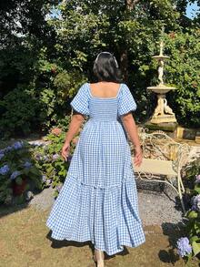 Plus Size Women Green Plaid Short Sleeve Casual Vacation Dress - Blue - View 2