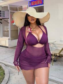 Swim SXY Plus Size 3pcs Floral Accent Solid Color Sexy Women Swimwear Set - Purple - View 8