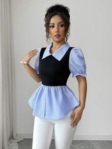 SHEIN Elenzya Blue & White Striped Patchwork Faux Two Pieces Top, Collared Petal Sleeve Ruffle Hem Waist Cinched Commuting Elegant Patchwork Blouse - Multicolor - View 4