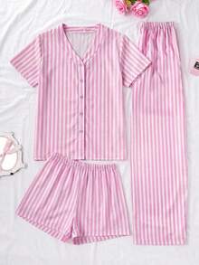 SHEIN Bộ đồ ngủ nữ 3 món bằng cotton màu trắng phối sọc tương phản, cài cúc phía trước, gồm áo tay ngắn, quần short và quần dài, thoải mái, thích hợp mặc ở nhà. - Hồng - Xem 4