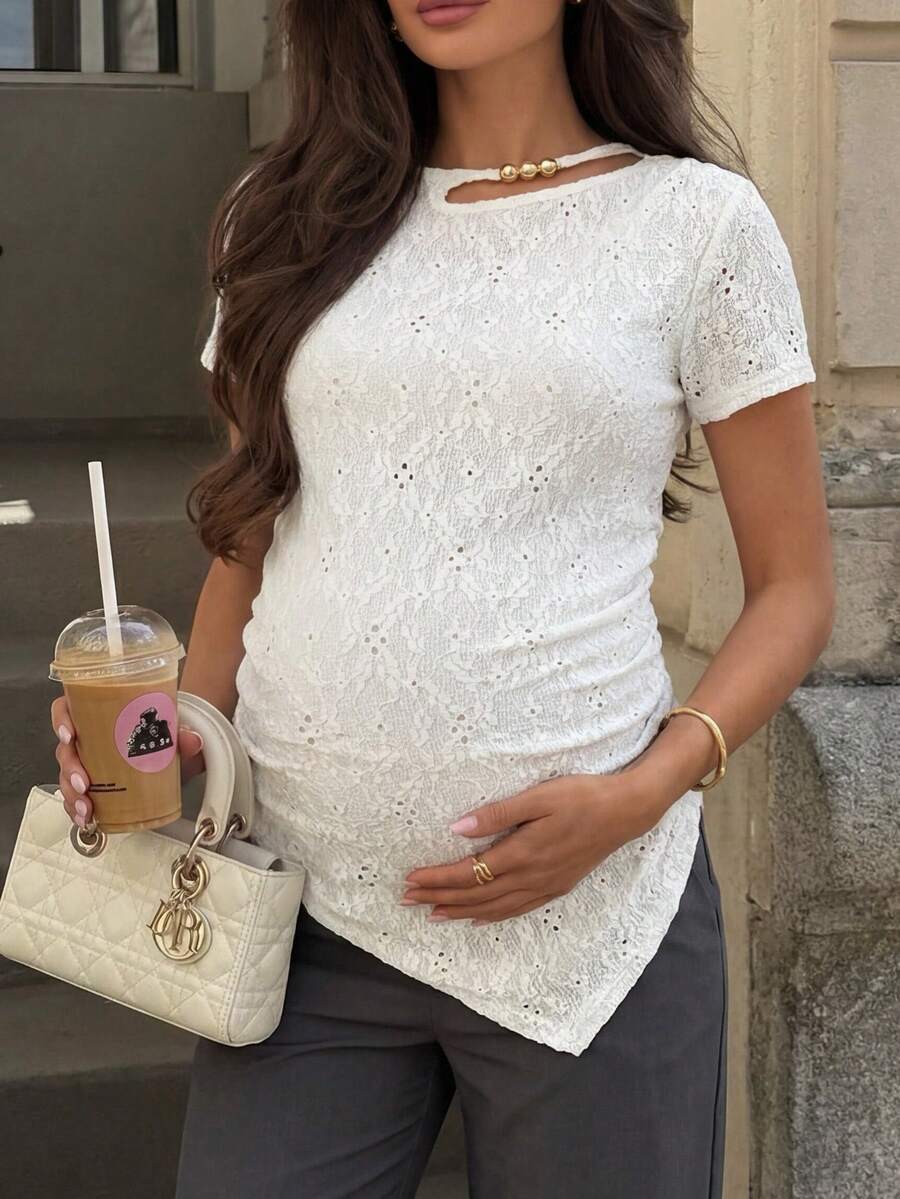 MaterniWear 孕妇镂空设计短袖褶皱不对称下摆修身T恤 - 杏色 - 查看 1