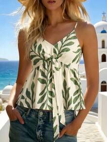 Mono de mujer con estampado de hojas verdes y cintura con lazo, adecuado para vacaciones y salidas, primavera/verano - Verde - Ver 4